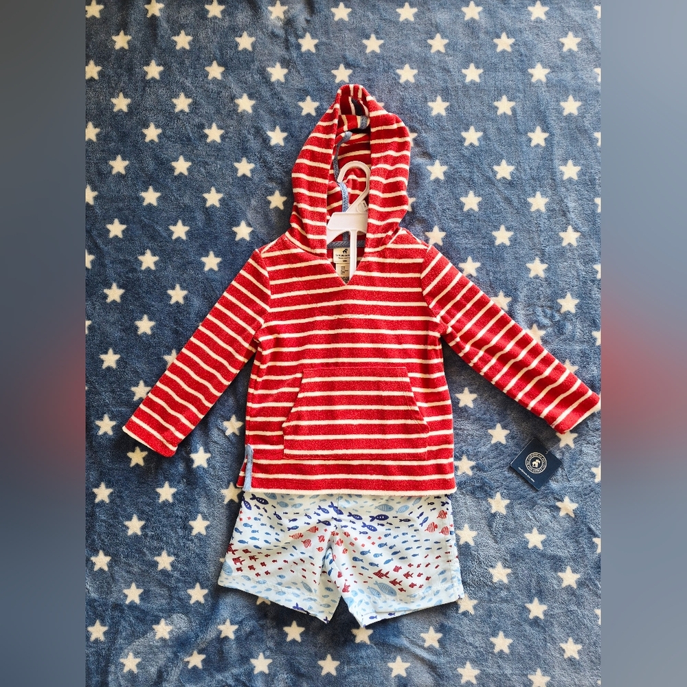 Caribbean Joe Red & White Striped Kids Hooded Pullover And Ocean Print Trunks